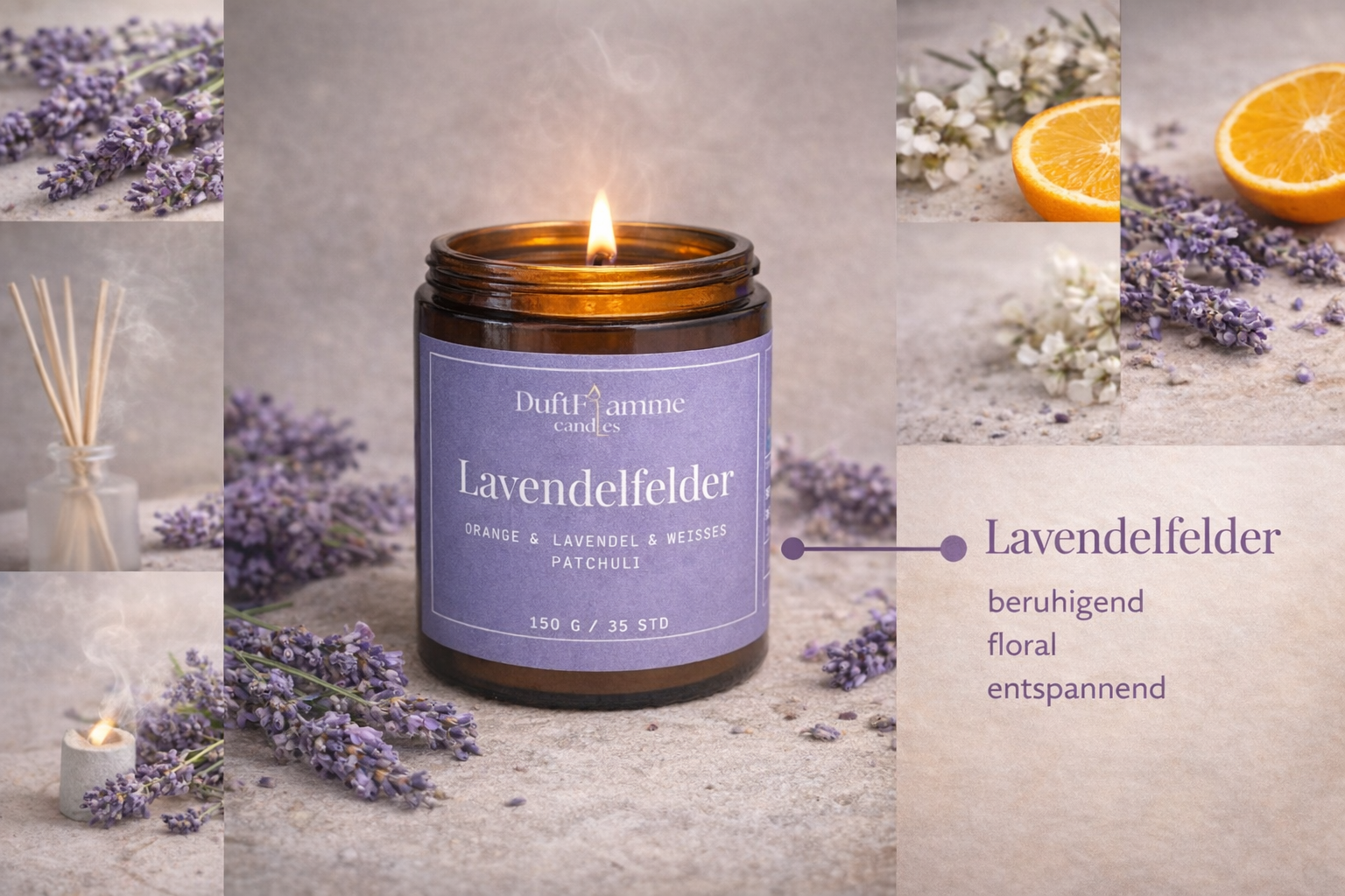 Lavendelfelder Duftkerze aus Sojawachs – Entspannende vegane Aromakerze (150g)