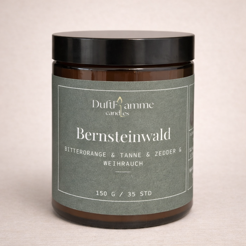 Bernsteinwald Duftkerze – Sojawachs | Holzige, meditative Aromakerze (150g)