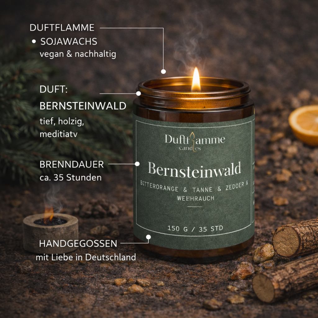 Bernsteinwald Duftkerze – Sojawachs | Holzige, meditative Aromakerze (150g)