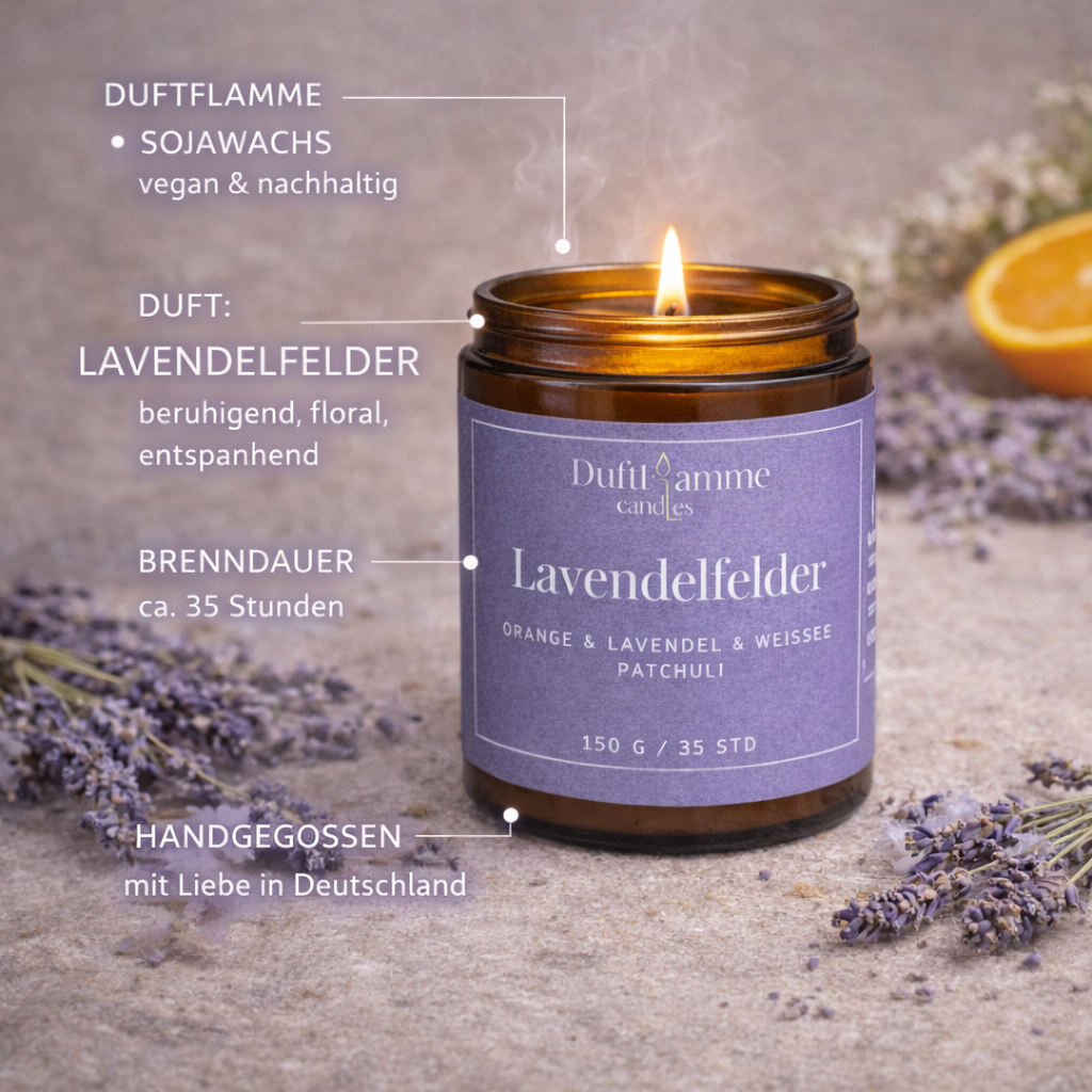 Lavendelfelder Duftkerze aus Sojawachs – Entspannende vegane Aromakerze (150g)