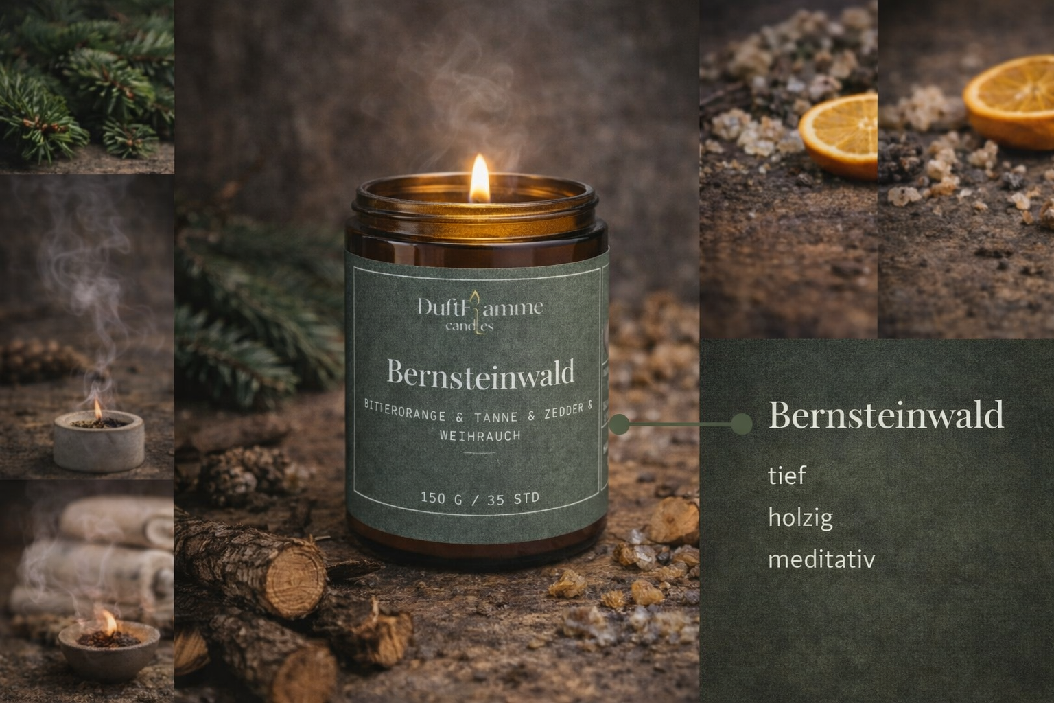 Bernsteinwald Duftkerze – Sojawachs | Holzige, meditative Aromakerze (150g)